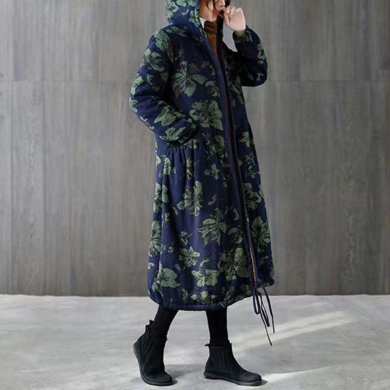 Warme Groene Printparka's Voor Dames Loszittende Donsjack Met Capuchon Zakken Winterjassen - Dames donsjacks