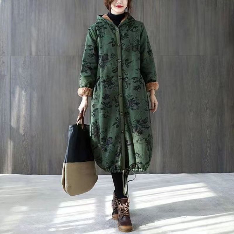 Warme Groene Printparka's Voor Dames Loszittende Donsjack Met Capuchon Zakken Winterjassen - Dames donsjacks