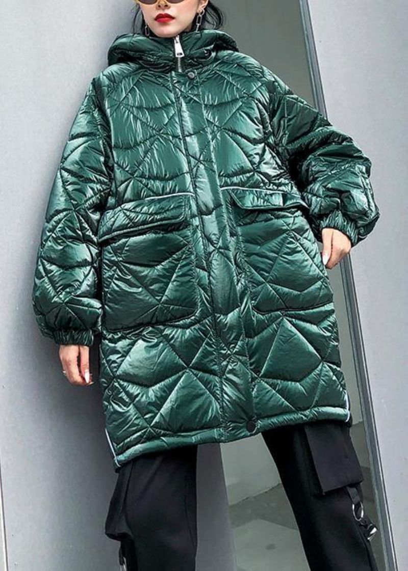 Warme Oversized Jassen Met Capuchon Groene Asymmetrische Damesparka Met Trekkoord