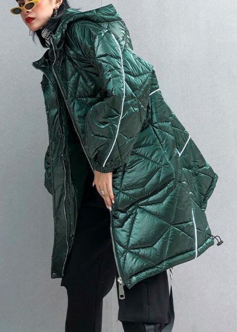 Warme Oversized Jassen Met Capuchon Groene Asymmetrische Damesparka Met Trekkoord - Dames donsjacks