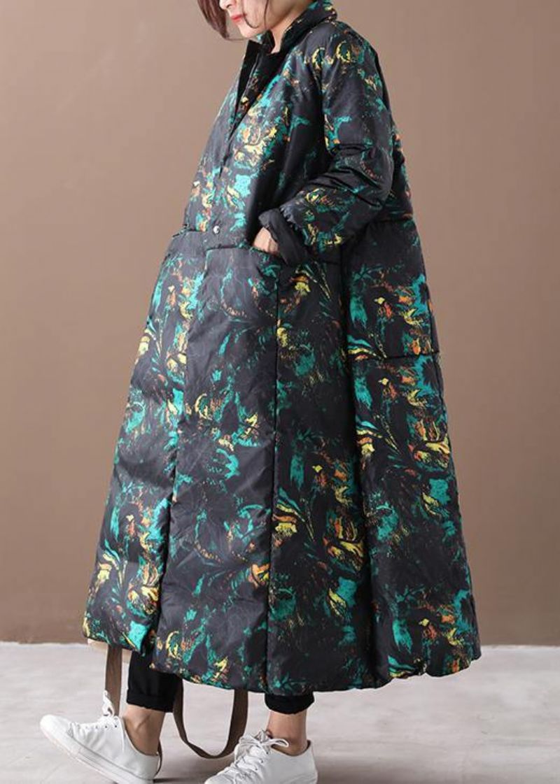 Warme Winterjas Met Bloemen Oversized Opstaande Kraag Ganzendonsjassen Met Grote Zoom - Dames donsjacks