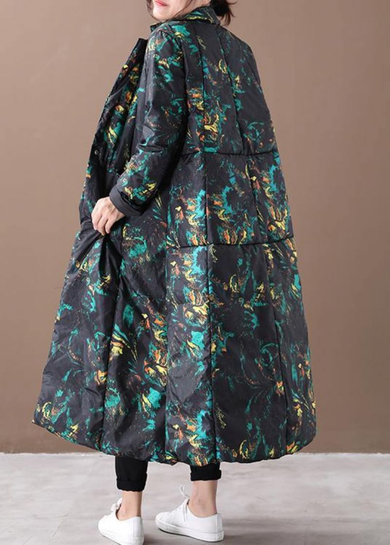 Warme Winterjas Met Bloemen Oversized Opstaande Kraag Ganzendonsjassen Met Grote Zoom - Dames donsjacks