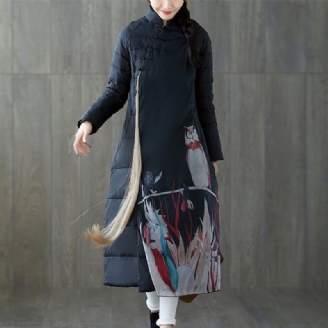 Warme Zwarte Donsjas Met Print Oversized Patchwork Donsjack Met Opstaande Kraag Chinese Button-downjas