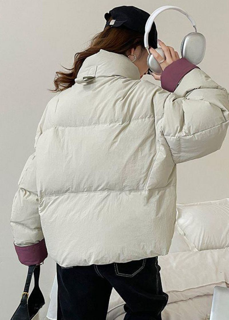 Witte Eendendons Puffer Korte Jas Met Rits En Opstaande Kraag Winter - Dames donsjacks