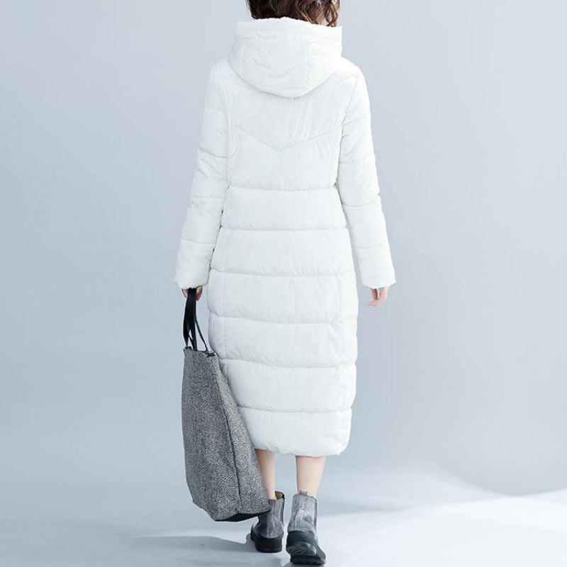 Witte Trendy Katoenen Jas Met Capuchon In Grote Maten. Elegante Winterjassen Met Zakken En Ritssluiting - Wit