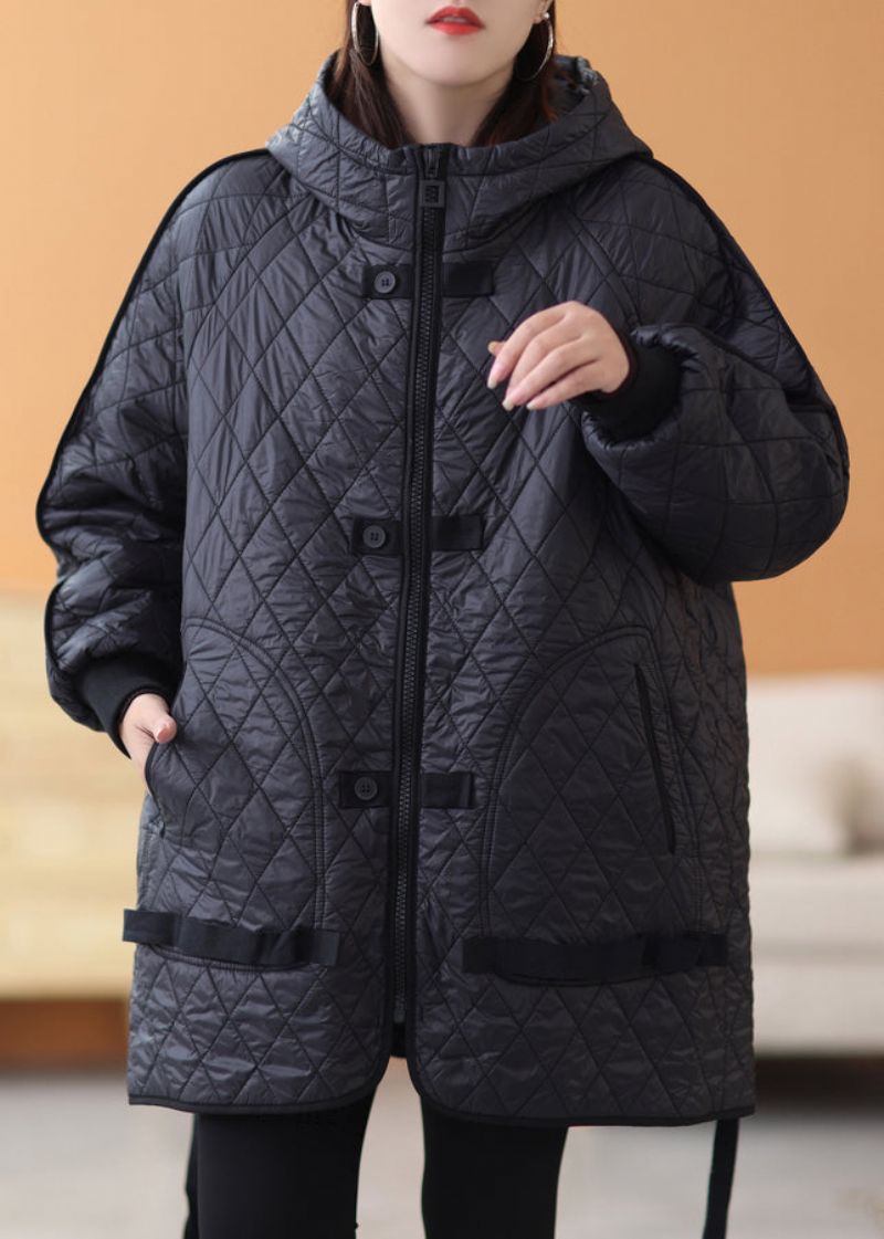 Zwart Effen Patchwork Dikke Parka Met Lange Mouwen En Ritssluiting