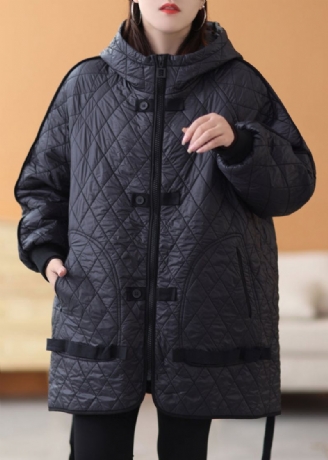 Zwart Effen Patchwork Dikke Parka Met Lange Mouwen En Ritssluiting