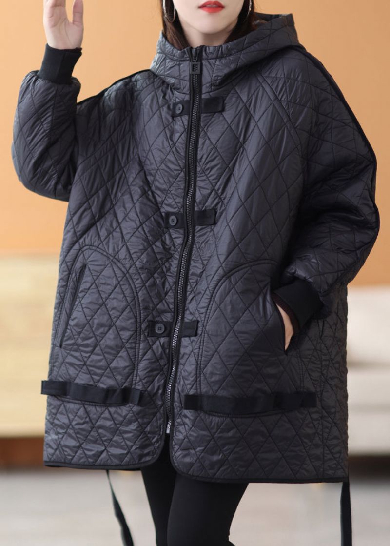 Zwart Effen Patchwork Dikke Parka Met Lange Mouwen En Ritssluiting - Dames donsjacks