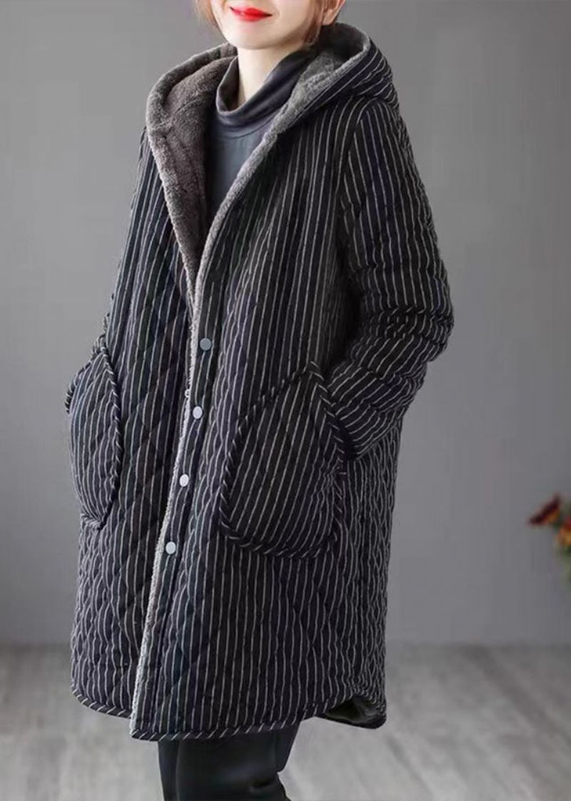 Zwart Gestreepte Warme Fleece Damesparka Met Capuchon Winter