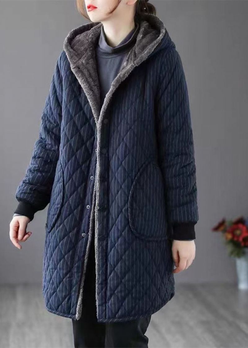 Zwart Gestreepte Warme Fleece Damesparka Met Capuchon Winter - Zwart