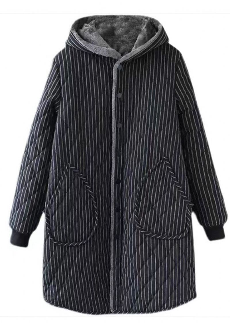 Zwart Gestreepte Warme Fleece Damesparka Met Capuchon Winter - Zwart