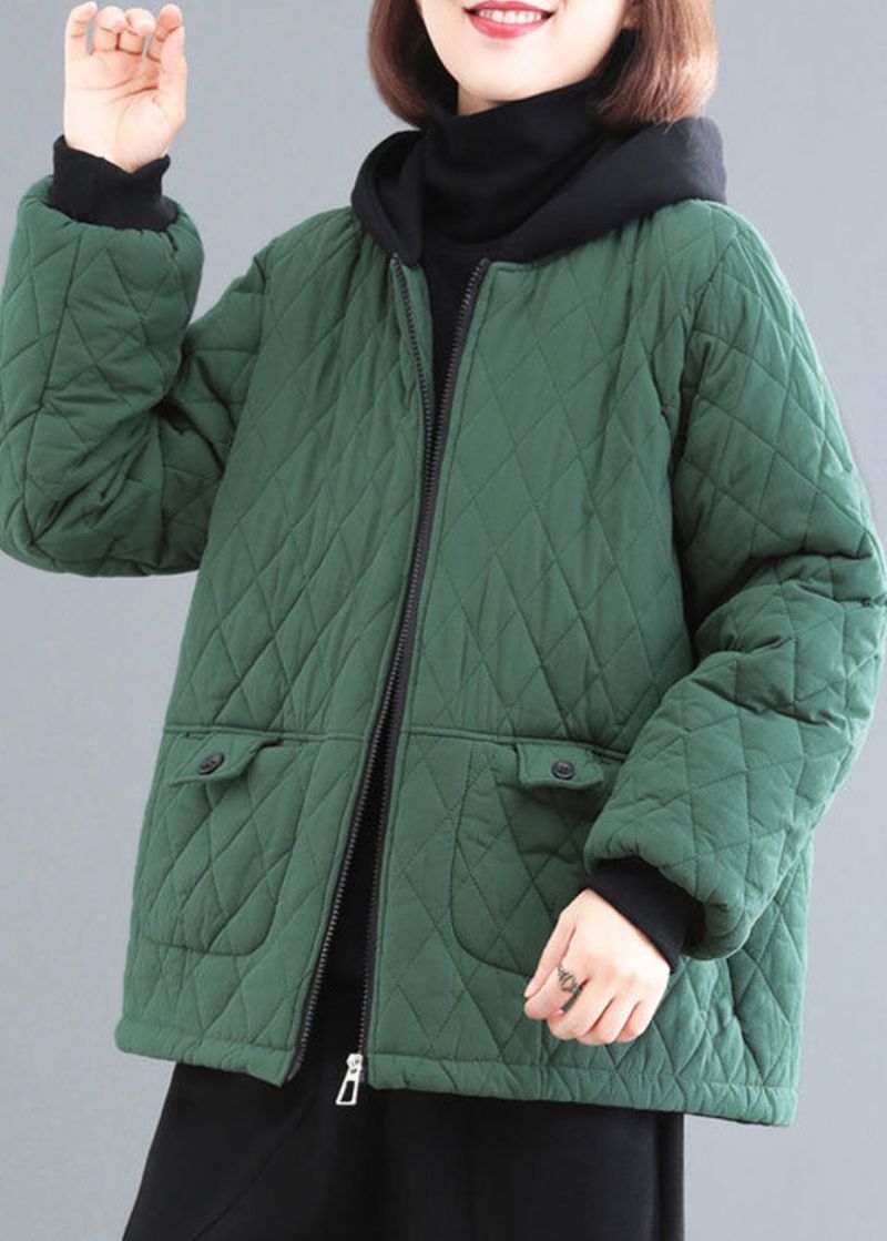 Zwartachtig Groen Patchwork Fijne Katoenen Gevulde Parka Met Capuchon En Zakken Winter