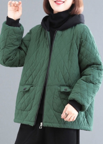 Zwartachtig Groen Patchwork Fijne Katoenen Gevulde Parka Met Capuchon En Zakken Winter