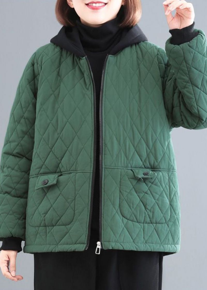 Zwartachtig Groen Patchwork Fijne Katoenen Gevulde Parka Met Capuchon En Zakken Winter - Dames donsjacks