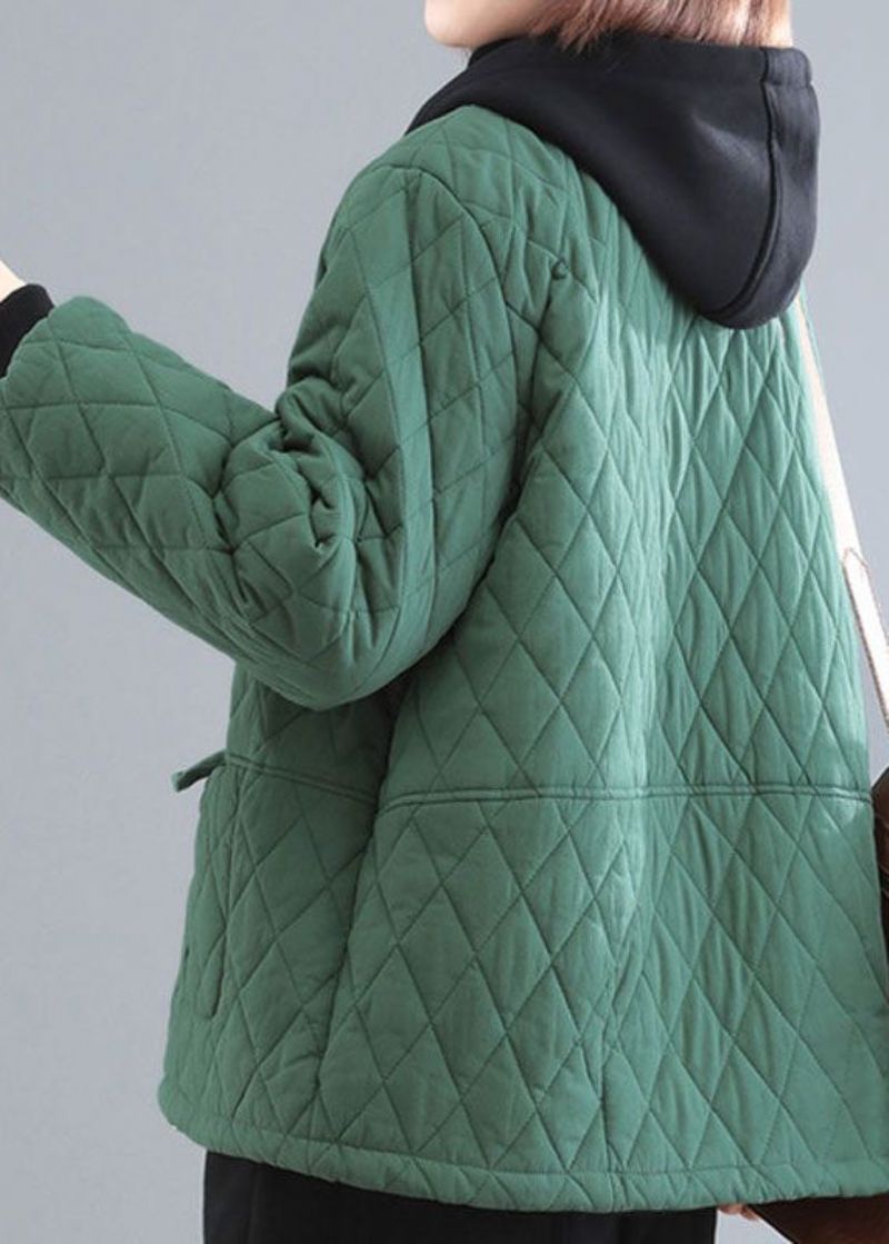 Zwartachtig Groen Patchwork Fijne Katoenen Gevulde Parka Met Capuchon En Zakken Winter - Dames donsjacks