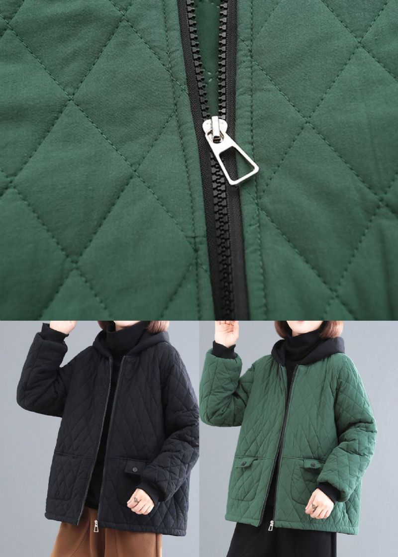 Zwartachtig Groen Patchwork Fijne Katoenen Gevulde Parka Met Capuchon En Zakken Winter - Dames donsjacks