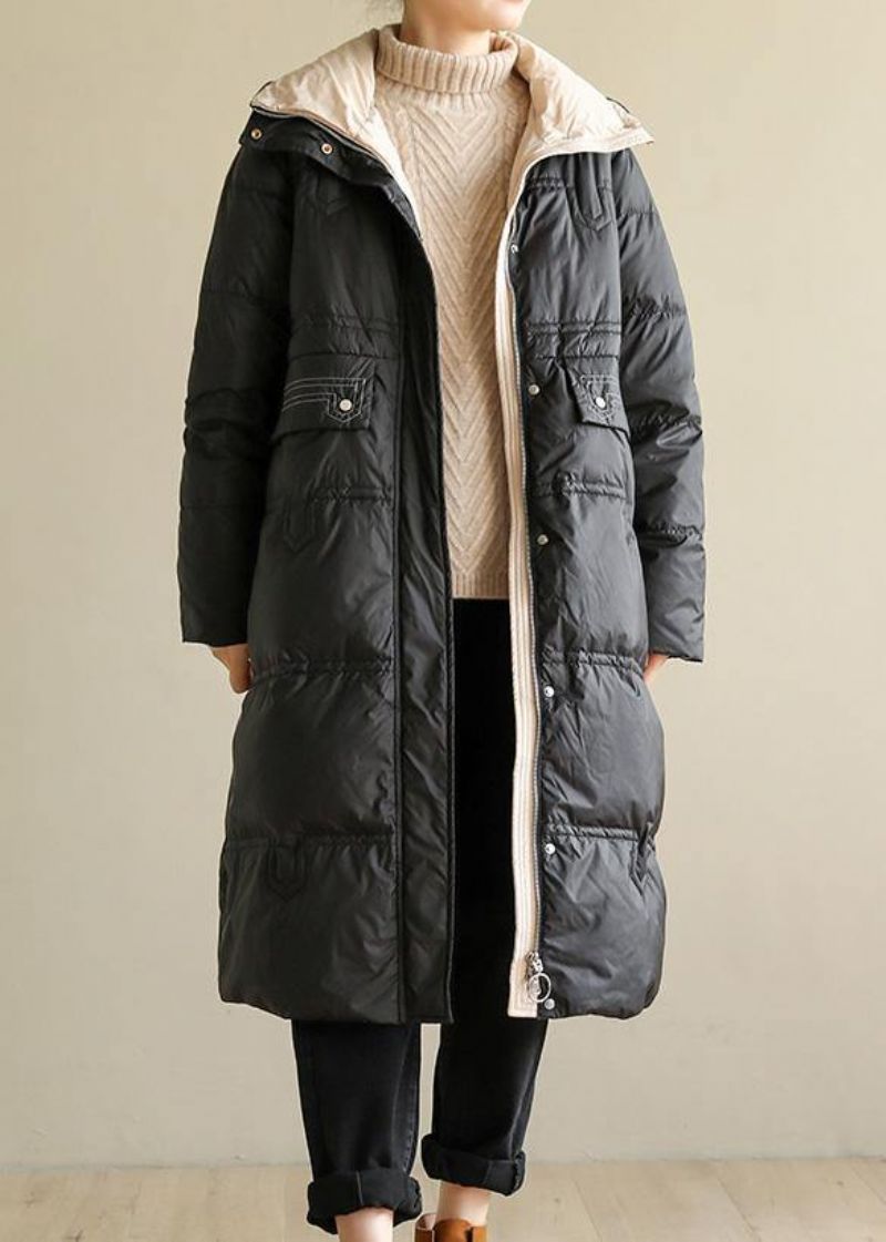 Zwarte Damesjassen Oversized Sneeuwjassen Opstaande Kraag Patchwork Winteroutwear - Dames donsjacks