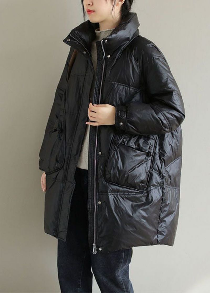 Zwarte Dikke Eendendons Jas Met Opstaande Kraag Oversized Zakken Winter - Dames donsjacks