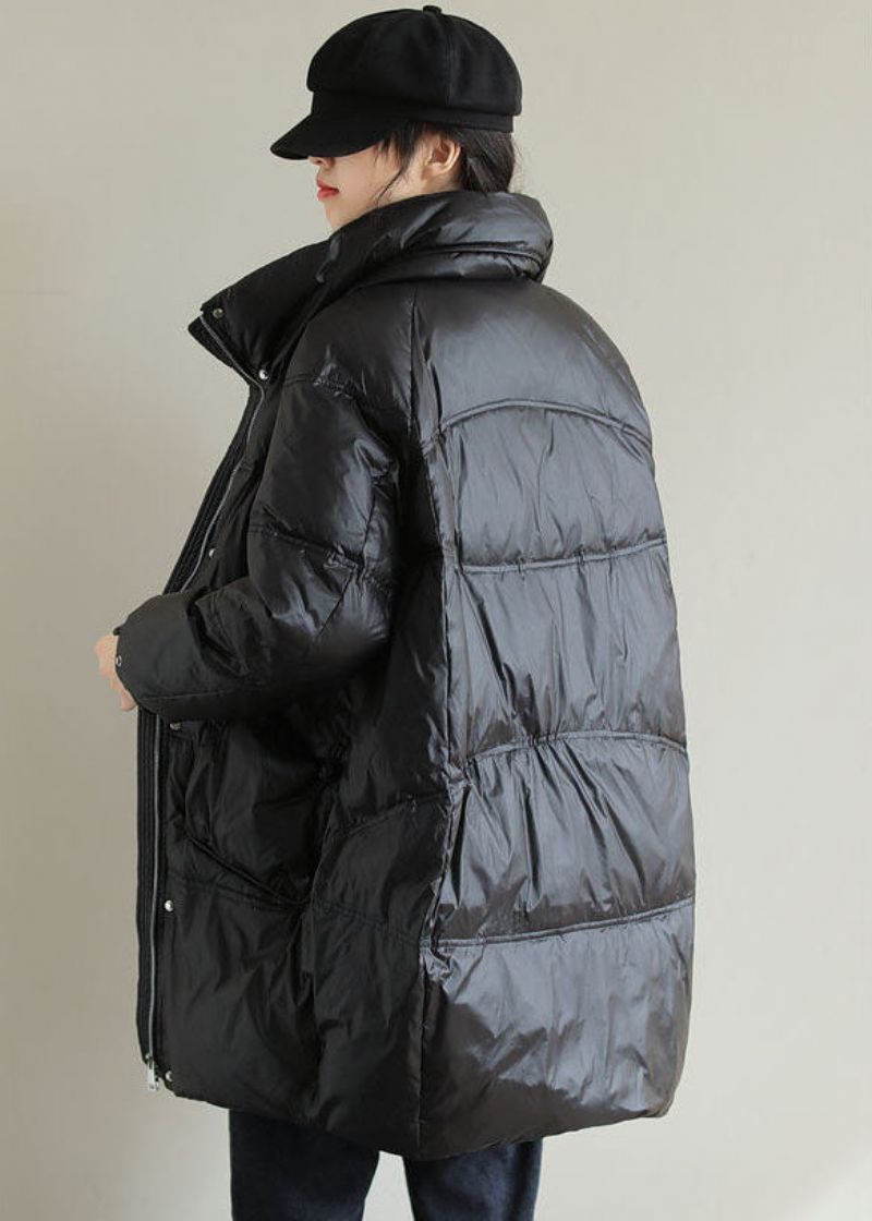 Zwarte Dikke Eendendons Jas Met Opstaande Kraag Oversized Zakken Winter - Dames donsjacks