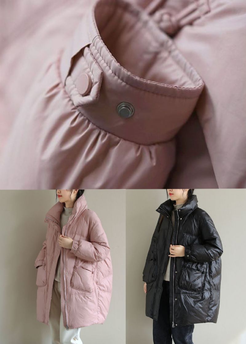 Zwarte Dikke Eendendons Jas Met Opstaande Kraag Oversized Zakken Winter - Dames donsjacks