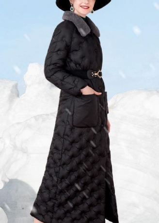 Zwarte Donsjas Winter Trendy Grote Maat Konijnenwollen Kraag Winterjaszakken Elegante Winteroutwear