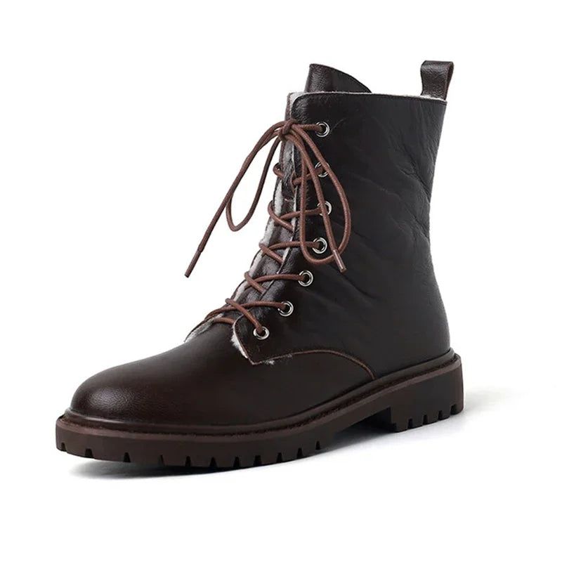 Dames Echt Leer Wol Winter Warme Snowboots Pluche Motorlaarzen Schoenen - Bruin