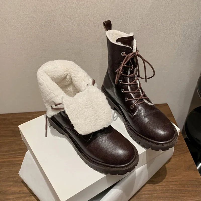 Dames Echt Leer Wol Winter Warme Snowboots Pluche Motorlaarzen Schoenen - Bruin