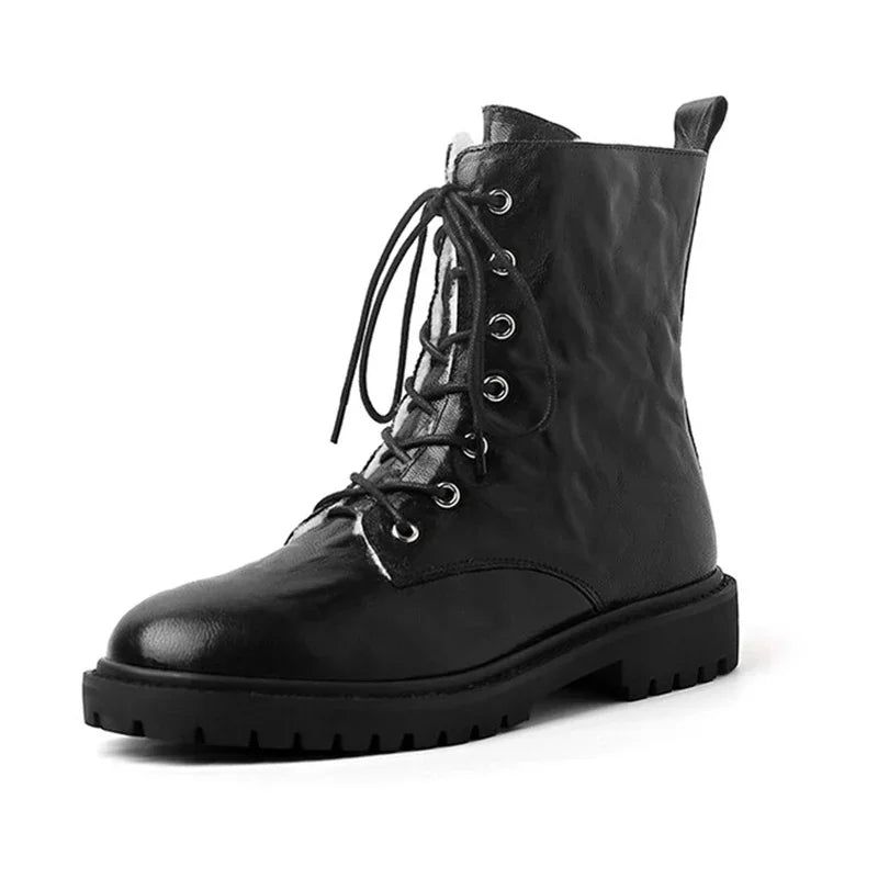 Dames Echt Leer Wol Winter Warme Snowboots Pluche Motorlaarzen Schoenen - Bruin