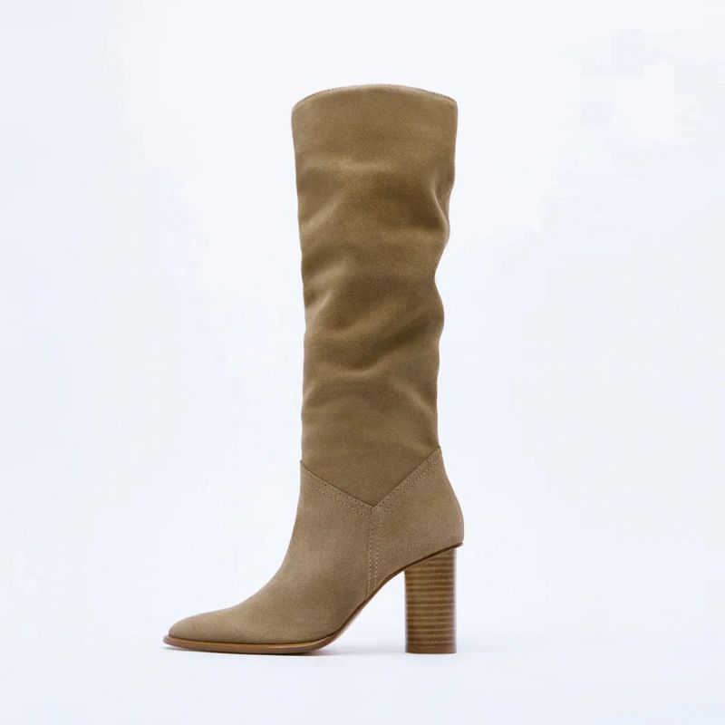 Dames Kniehoge Laarzen Winter Echt Leer Puntige Neus Schoenen - Beige