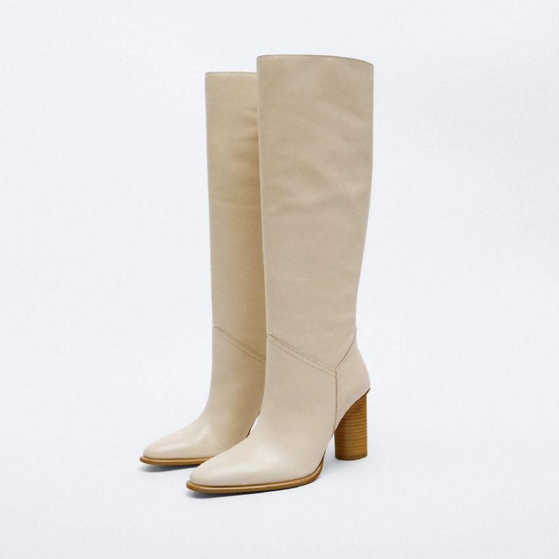 Dames Kniehoge Laarzen Winter Echt Leer Puntige Neus Schoenen - Beige