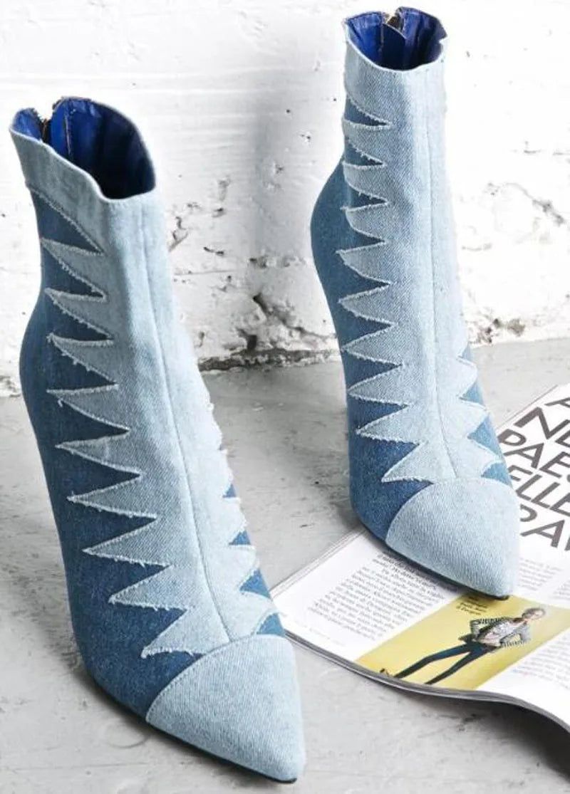 Denim Enkellaarzen Puntige Neus Hoge Hak Cowboy Dames Gladiator Met Rits - Blauw