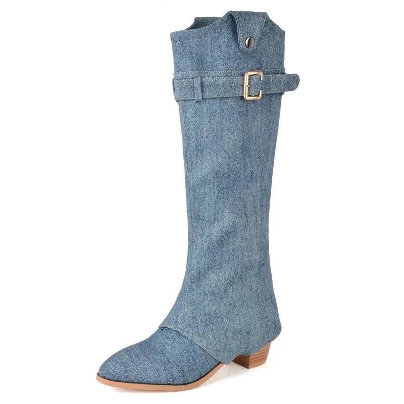 Denim Instapper Met Puntige Neus Winterlaarzen Vierkante Hoge Hakken Laarzen Met Gesp Topverkoop Geplooide Kniehoge Voor Dames - Blauw