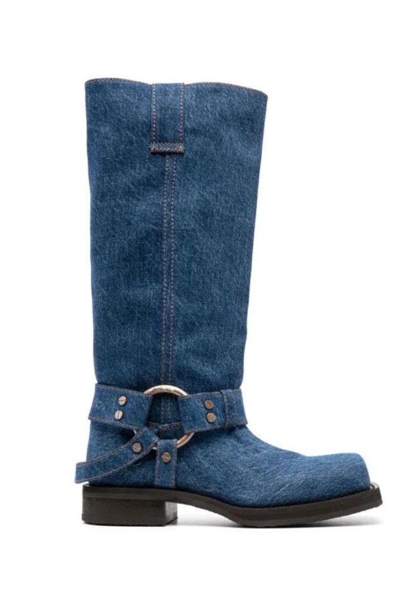 Denim Laarzen Met Vierkante Neus Voor Dames Luxe Damesschoenen Met Sterstijl En Lage Hak