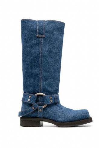 Denim Laarzen Met Vierkante Neus Voor Dames Luxe Damesschoenen Met Sterstijl En Lage Hak