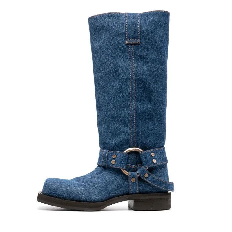 Denim Laarzen Met Vierkante Neus Voor Dames Luxe Damesschoenen Met Sterstijl En Lage Hak - Blauw