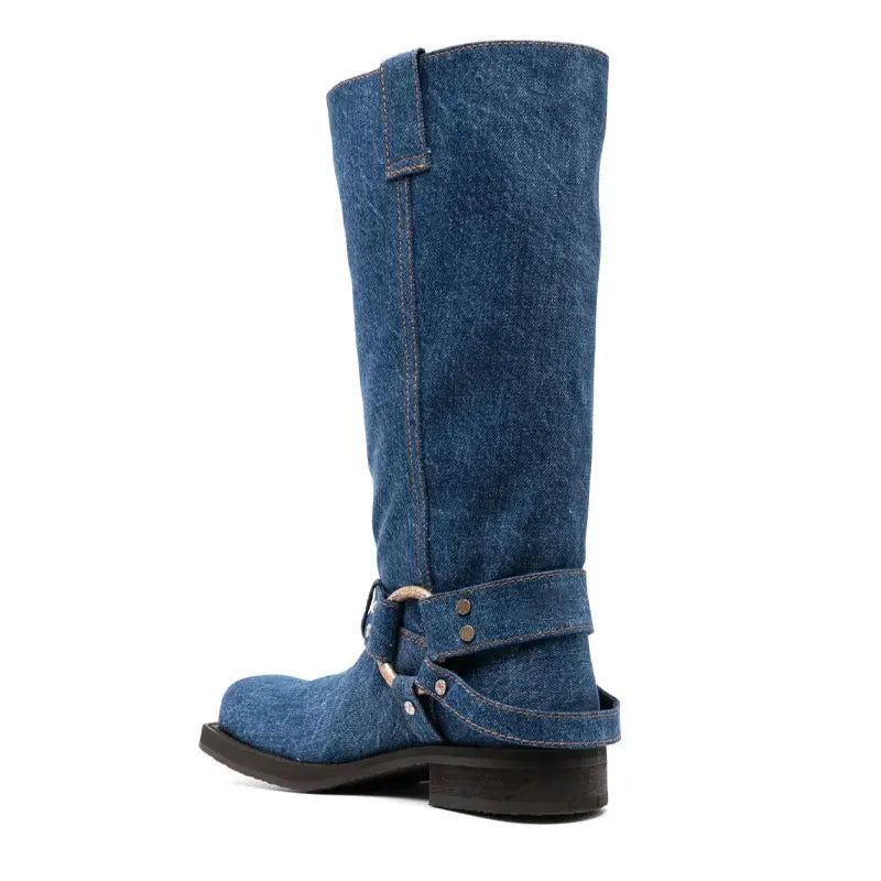 Denim Laarzen Met Vierkante Neus Voor Dames Luxe Damesschoenen Met Sterstijl En Lage Hak - Blauw