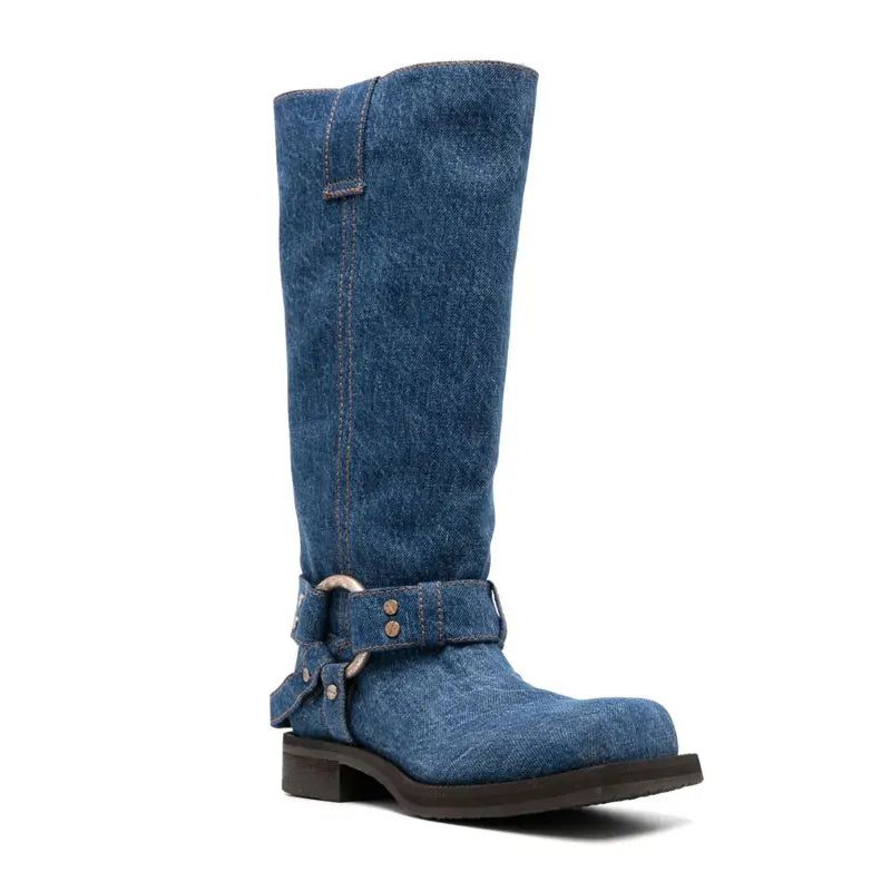 Denim Laarzen Met Vierkante Neus Voor Dames Luxe Damesschoenen Met Sterstijl En Lage Hak - Blauw