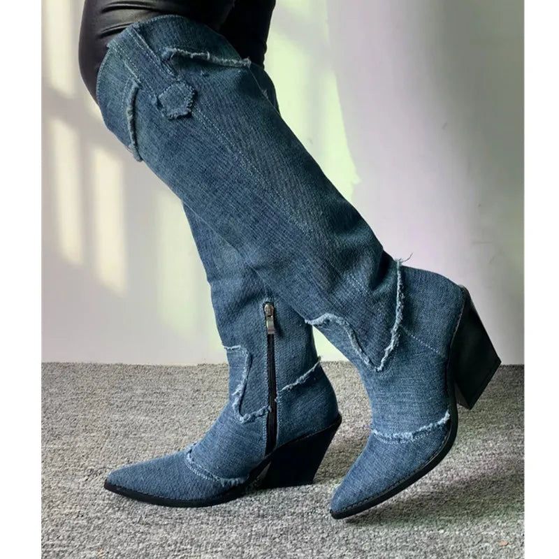 Denim Laarzen Voor Dames Hoge Kristallen Franje Hakken Luxe Schoenen Retro Chelsea-laarzen - Donkergrijs