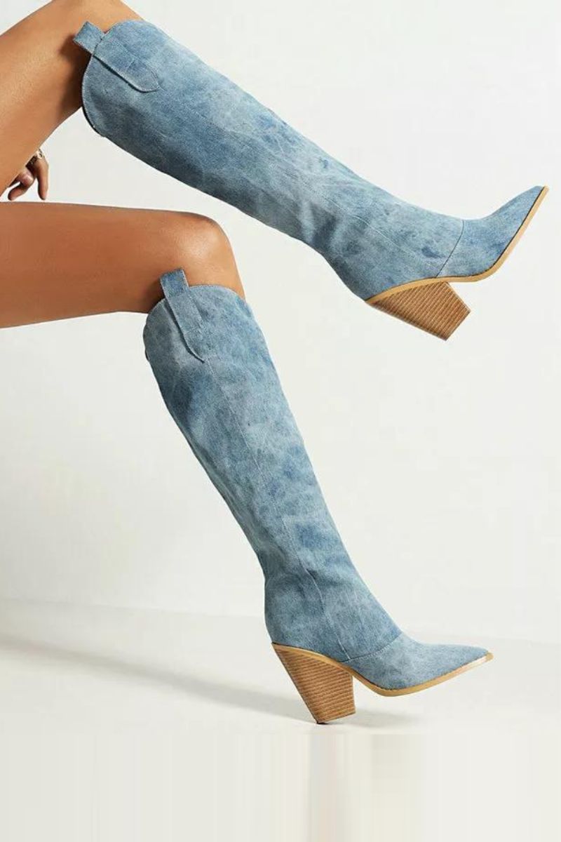 Denim Westerse Vrouwen Knie Hoge Laarzen Wiggen Hak Cowboy Slip Op Herfst Winter Vrouw Schoenen