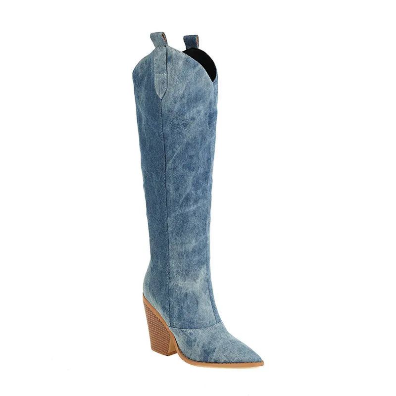 Denim Westerse Vrouwen Knie Hoge Laarzen Wiggen Hak Cowboy Slip Op Herfst Winter Vrouw Schoenen - Blauw