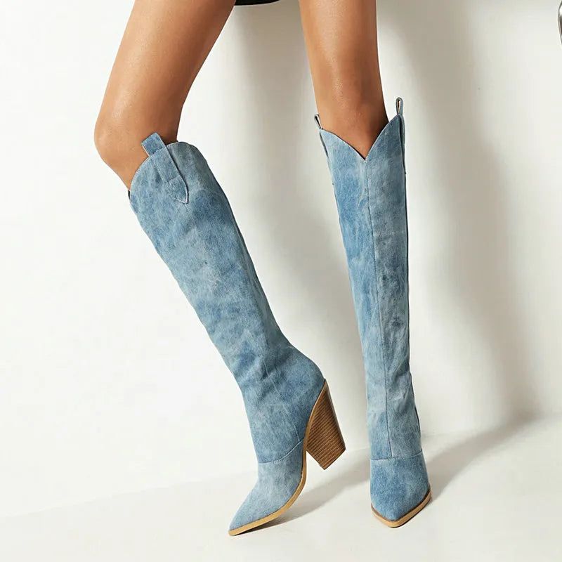 Denim Westerse Vrouwen Knie Hoge Laarzen Wiggen Hak Cowboy Slip Op Herfst Winter Vrouw Schoenen - Blauw