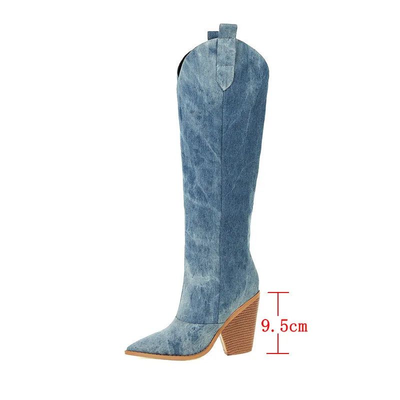 Denim Westerse Vrouwen Knie Hoge Laarzen Wiggen Hak Cowboy Slip Op Herfst Winter Vrouw Schoenen - Blauw