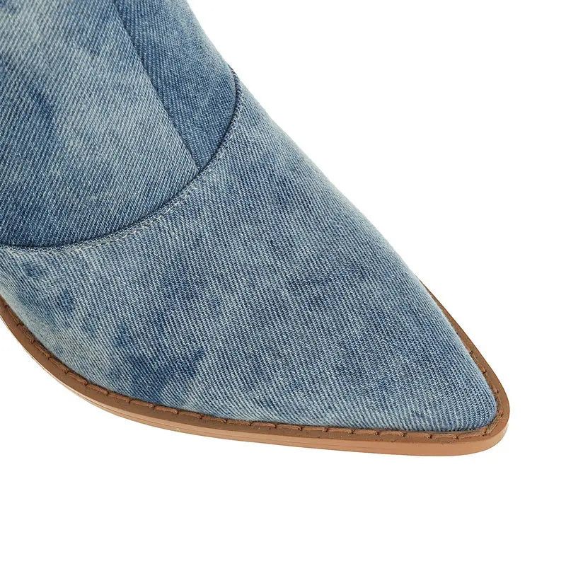 Denim Westerse Vrouwen Knie Hoge Laarzen Wiggen Hak Cowboy Slip Op Herfst Winter Vrouw Schoenen - Blauw