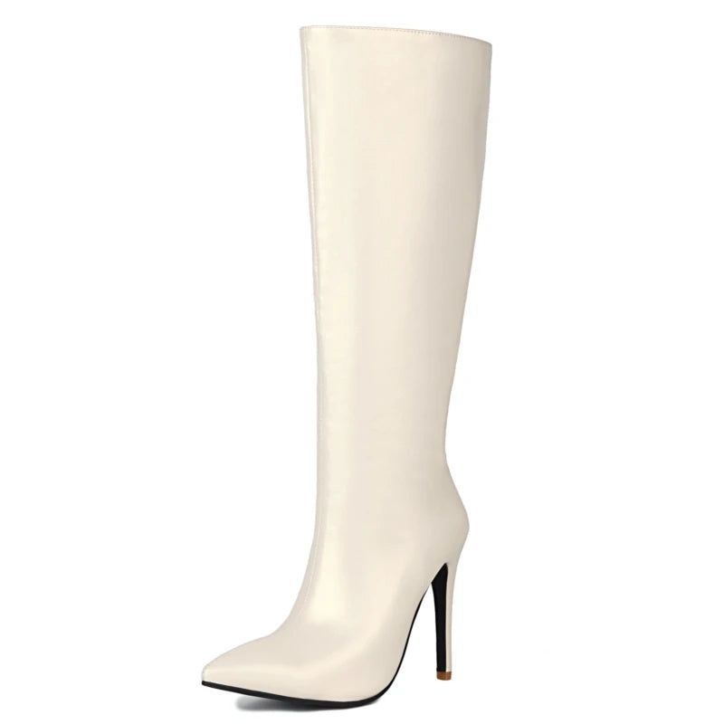 Elegante Kniehoge Laarzen Dames Lak Winter Herfst Punt Hoge Laars Vrouwelijke Hakken Lange Feestschoenen - Beige