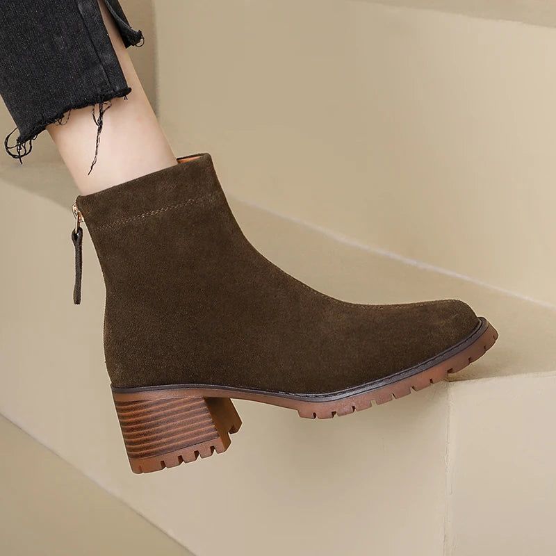 Enkellaarzen Dames Winter Herfst Laarzen Platform Dikke Hoge Hakken Damesschoenen - Bruin