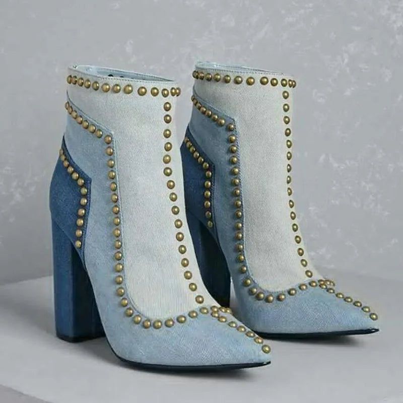 Gouden Lijn Klinknagels Studs Denim Enkellaarzen Puntige Neus Dames Dikke Hak Laarzen Ritssluiting Aan De Achterkant - Blauw