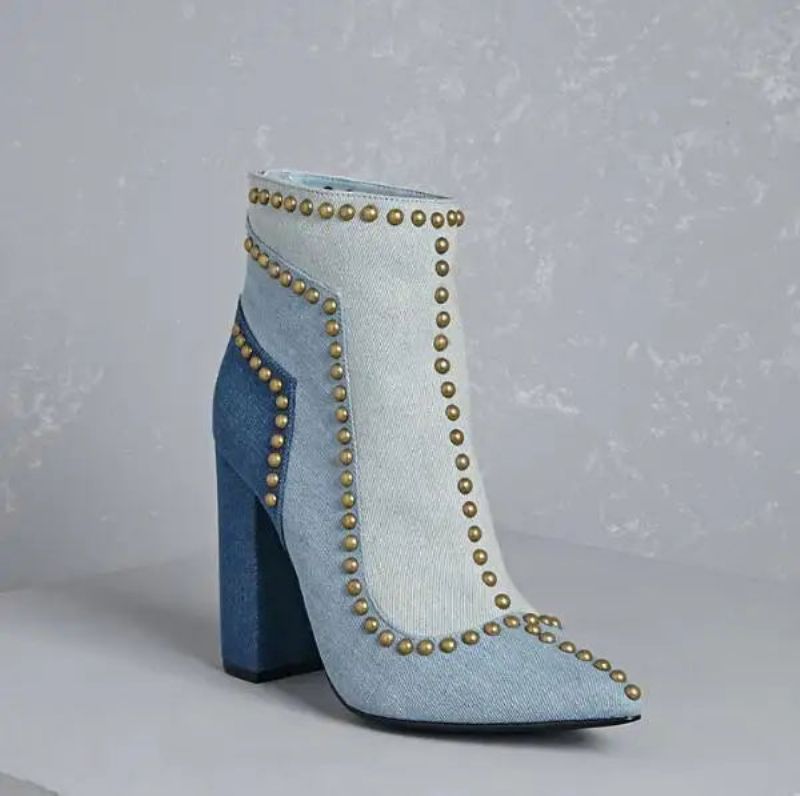 Gouden Lijn Klinknagels Studs Denim Enkellaarzen Puntige Neus Dames Dikke Hak Laarzen Ritssluiting Aan De Achterkant - Blauw