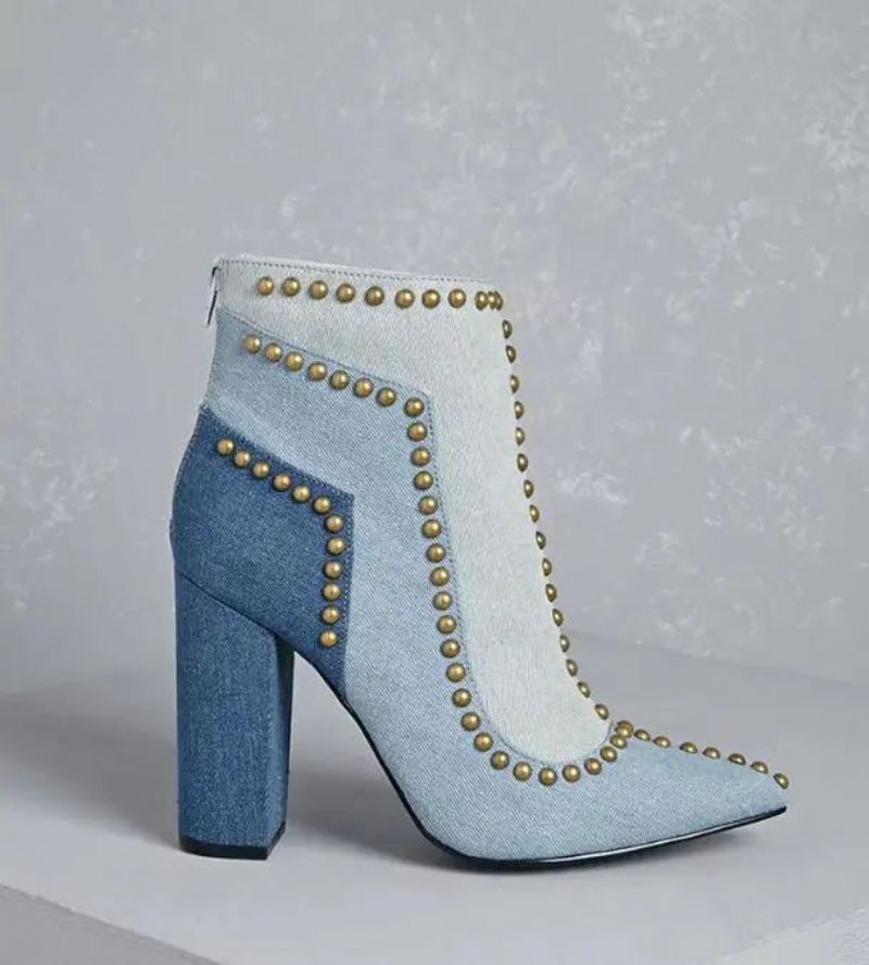 Gouden Lijn Klinknagels Studs Denim Enkellaarzen Puntige Neus Dames Dikke Hak Laarzen Ritssluiting Aan De Achterkant - Blauw