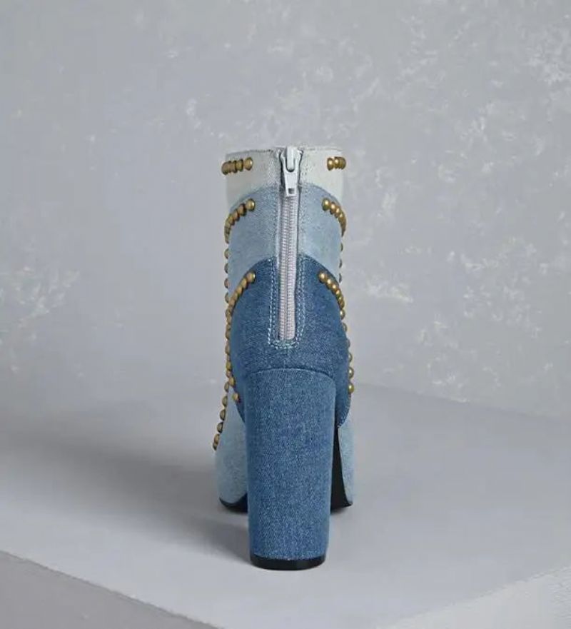 Gouden Lijn Klinknagels Studs Denim Enkellaarzen Puntige Neus Dames Dikke Hak Laarzen Ritssluiting Aan De Achterkant - Blauw