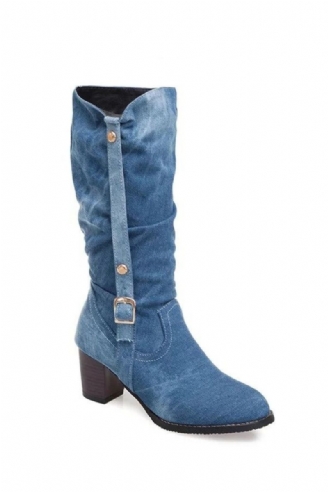 Laarzen Dames Lange Buis Korte Laars Winter Hoge Hak Denim Dame Stijlvolle Jeans Gesp Schoenen